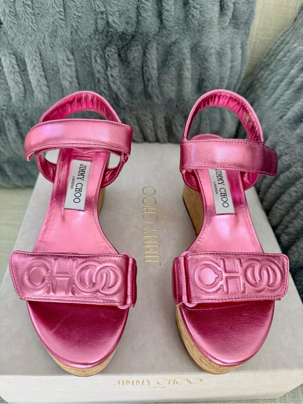 NIB Jimmy Choo Blair 80 Metallic Pink Nappa Leather Wedge Sandals Size 7